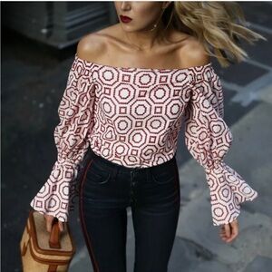 Alexis Micael Red White Eyelet Embroidered Off The Shoulder Bell Sleeve Top L